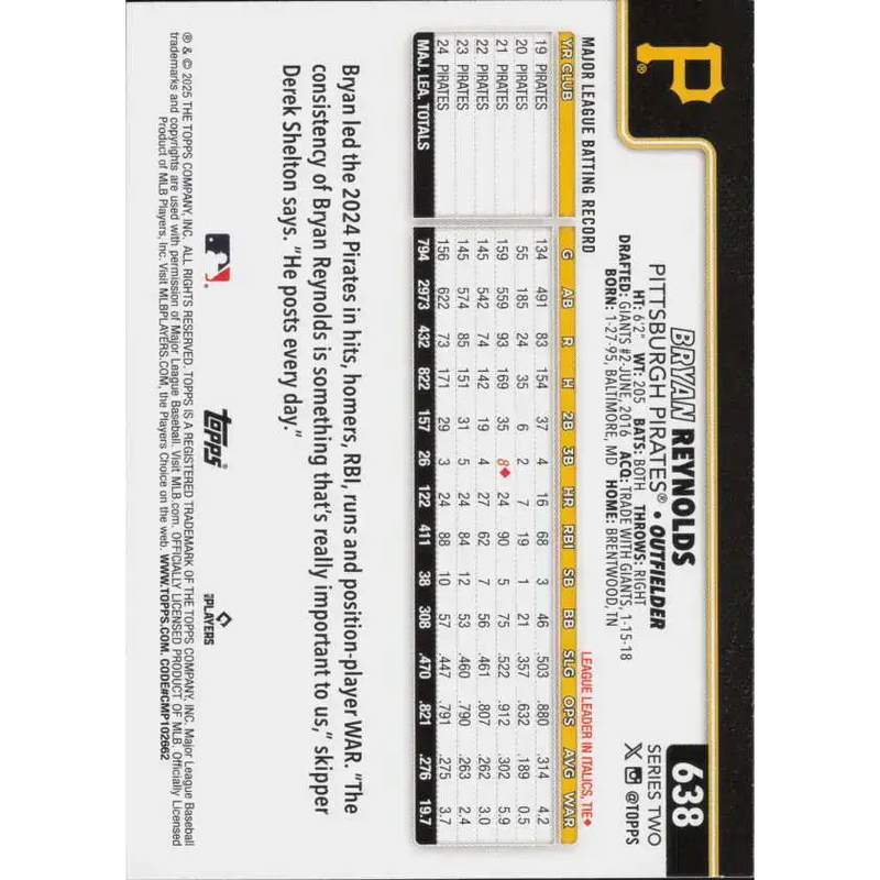 2025 Topps #638 Bryan Reynolds NM-MT Pittsburgh Pirates Baseball Card - Baseball Card Single