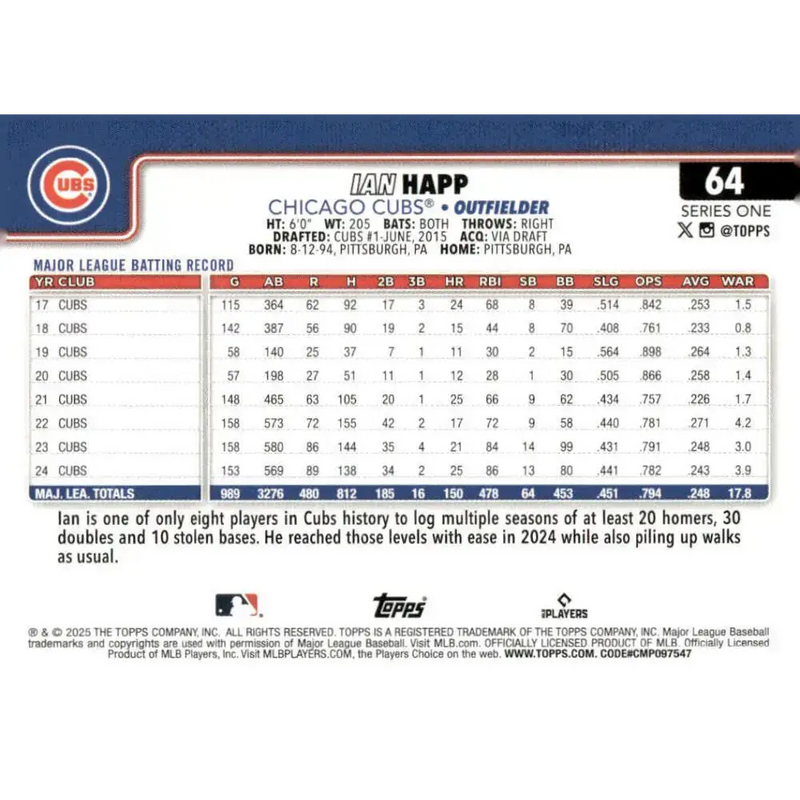 2025 Topps #64 Ian Happ NM-MT Chicago Cubs Baseball Card - Baseball Card Single