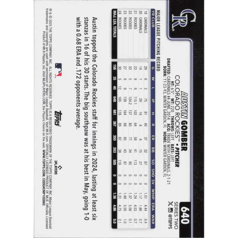2025 Topps #640 Austin Gomber NM-MT Colorado Rockies Baseball Card - Baseball Card Single