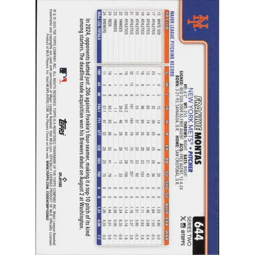 2025 Topps #644 Frankie Montas NM-MT New York Mets Baseball Card - Baseball Card Single
