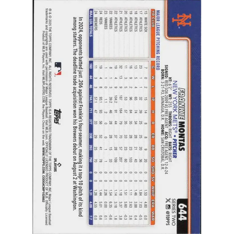 2025 Topps #644 Frankie Montas NM-MT New York Mets Baseball Card - Baseball Card Single