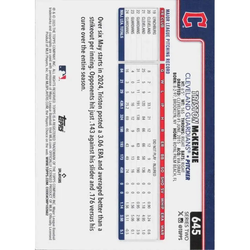 2025 Topps #645 Triston McKenzie NM-MT Cleveland Guardians Baseball Card - Baseball Card Single