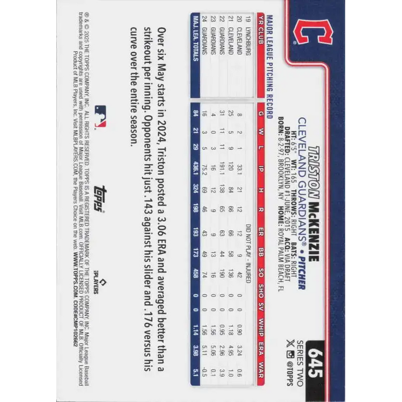 2025 Topps #645 Triston McKenzie NM-MT Cleveland Guardians Baseball Card - Baseball Card Single