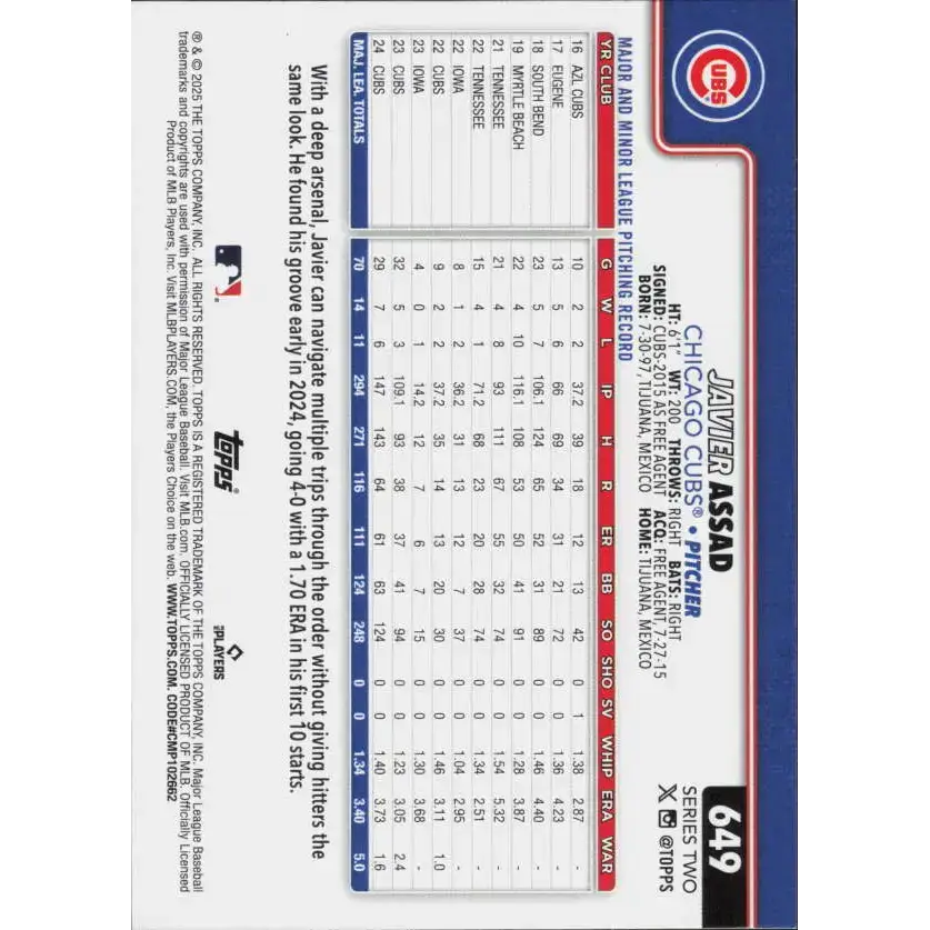 2025 Topps #649 Javier Assad NM-MT Chicago Cubs Baseball Card - Baseball Card Single