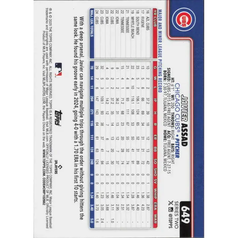 2025 Topps #649 Javier Assad NM-MT Chicago Cubs Baseball Card - Baseball Card Single
