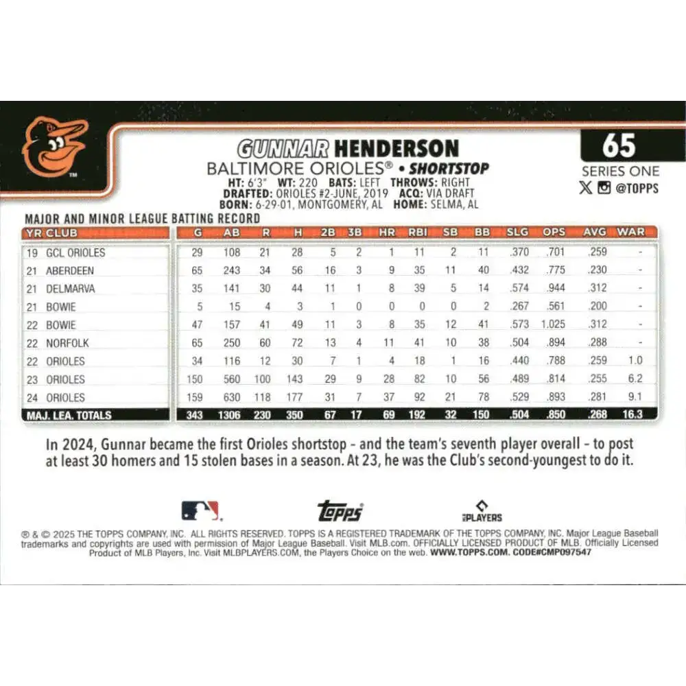 2025 Topps #65 Gunnar Henderson NM-MT Baltimore Orioles Baseball Card - Baseball Card Single
