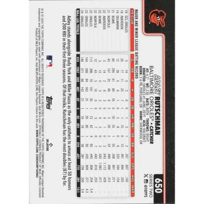 2025 Topps #650 Adley Rutschman NM-MT Baltimore Orioles Baseball Card