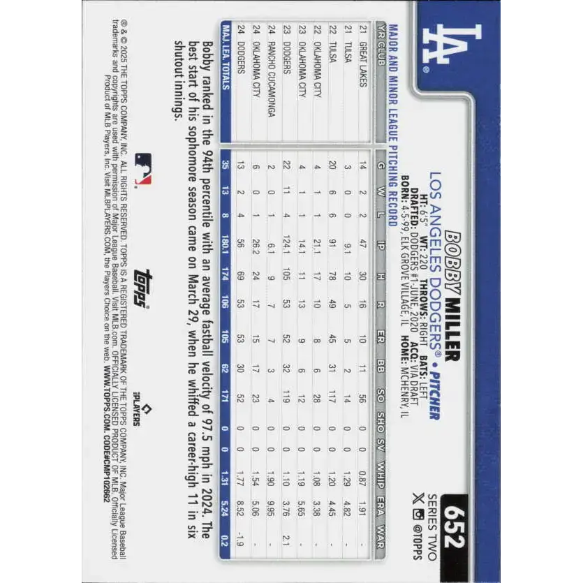 2025 Topps #652 Bobby Miller NM-MT Los Angeles Dodgers Baseball Card - Baseball Card Single