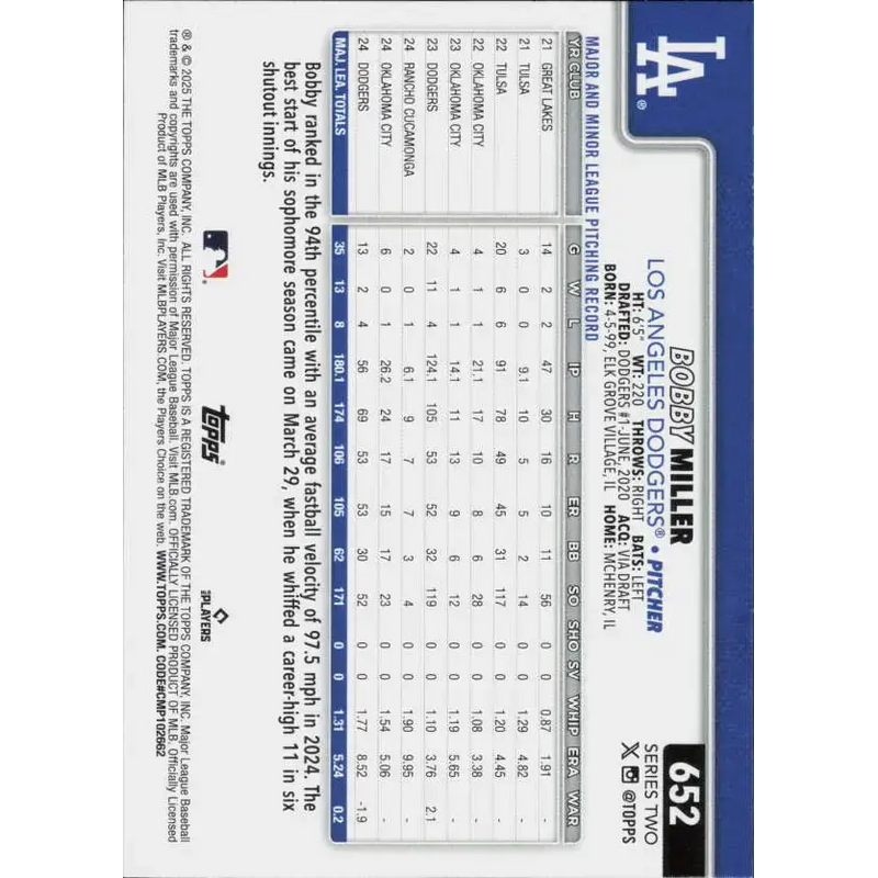2025 Topps #652 Bobby Miller NM-MT Los Angeles Dodgers Baseball Card - Baseball Card Single