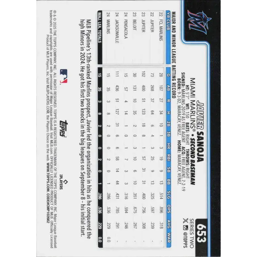 2025 Topps #653 Javier Sanoja NM-MT RC Rookie Miami Marlins Baseball Card - Baseball Card Single
