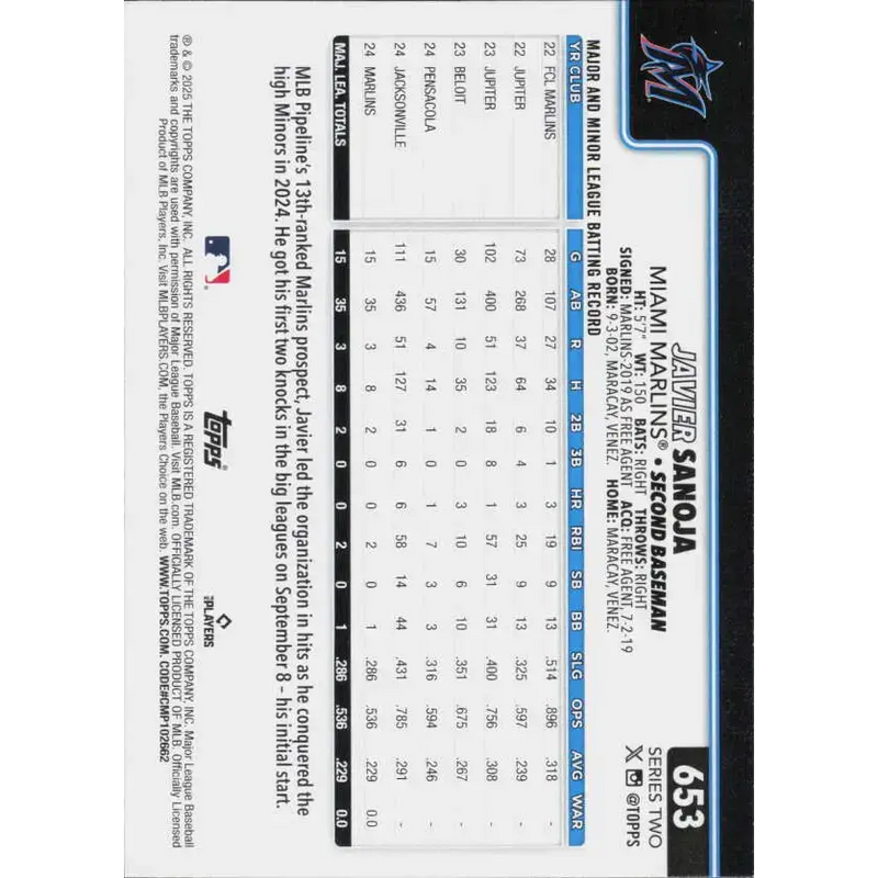 2025 Topps #653 Javier Sanoja NM-MT RC Rookie Miami Marlins Baseball Card - Baseball Card Single