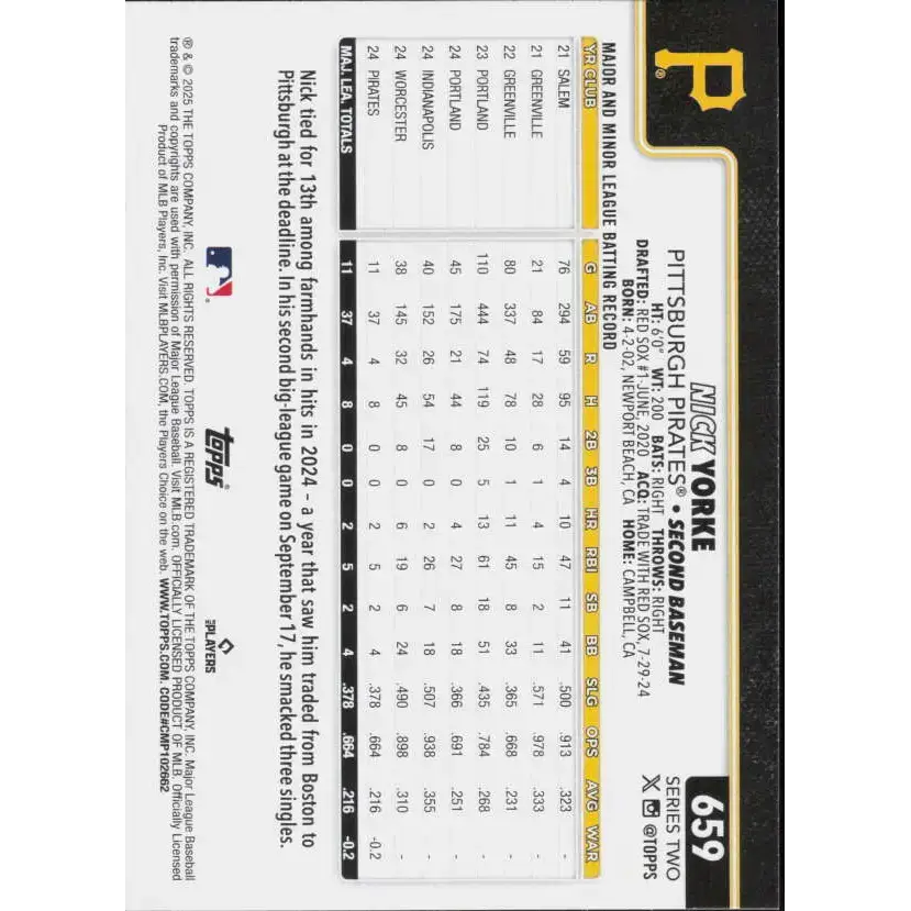2025 Topps #659 Nick Yorke NM-MT RC Rookie Pittsburgh Pirates Baseball Card - Baseball Card Single