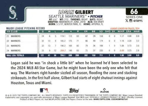 Baseball trading card with player statistics of Logan Gilbert NM-MT from 2025 Topps