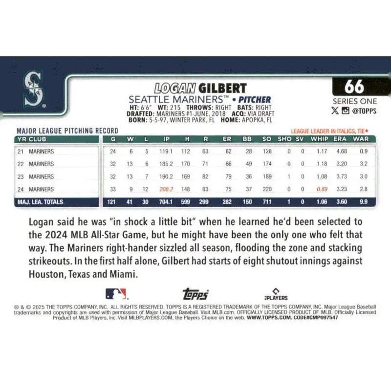 2025 Topps #66 Logan Gilbert NM-MT Seattle Mariners Baseball Card - Baseball Card Single