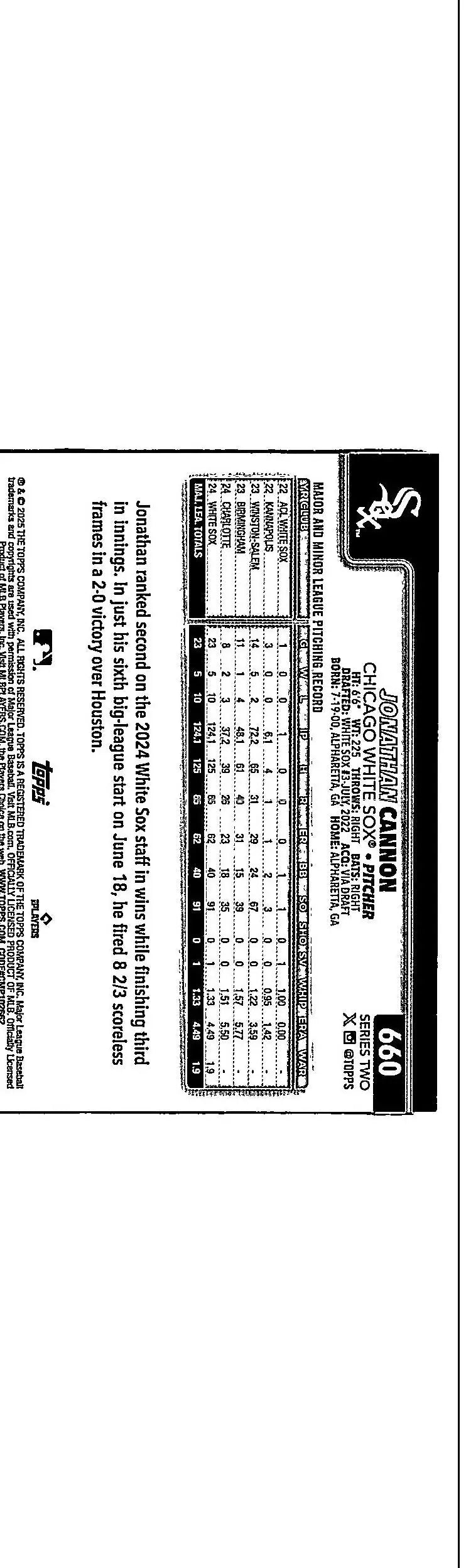 Baseball card featuring Jonathan Cannon Holiday with player statistics for 2025 Topps #660