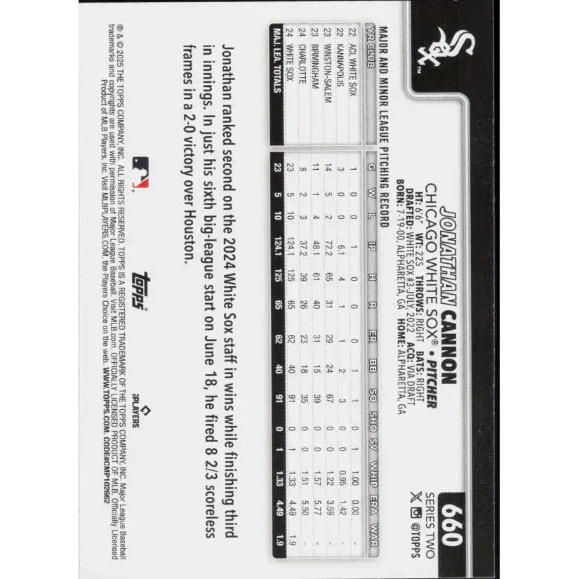 2025 Topps #660 Jonathan Cannon NM-MT Chicago White Sox Baseball Card - Baseball Card Single