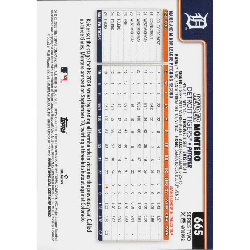 2025 Topps #665 Keider Montero NM-MT RC Rookie Detroit Tigers Baseball Card - Baseball Card Single