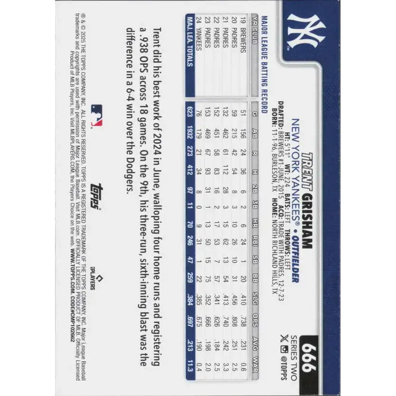 2025 Topps #666 Trent Grisham NM-MT New York Yankees Baseball Card - Baseball Card Single