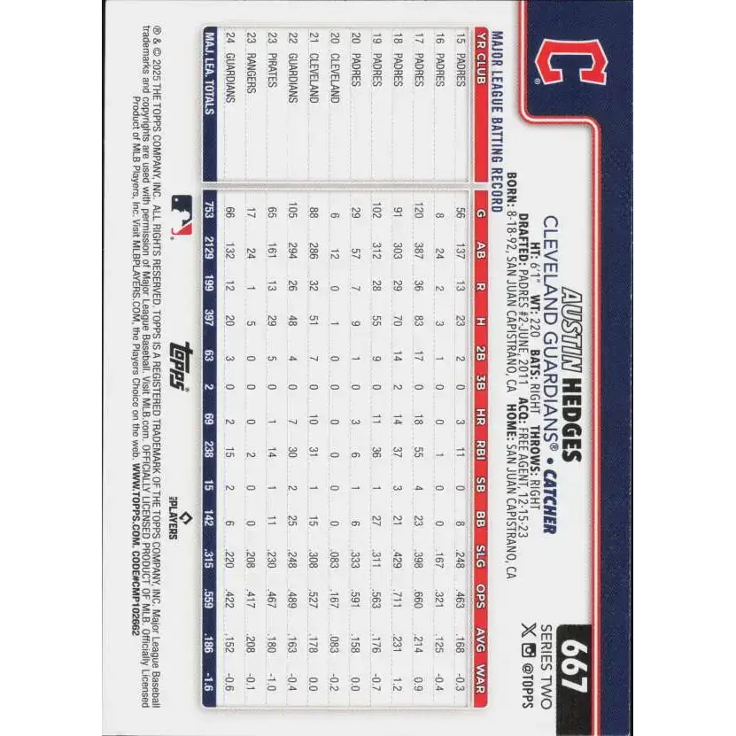 2025 Topps #667 Austin Hedges NM-MT Cleveland Guardians Baseball Card - Baseball Card Single