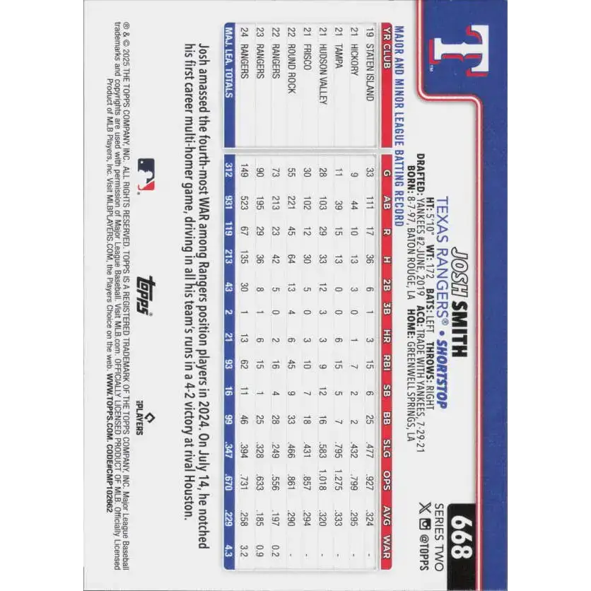 2025 Topps #668 Josh Smith NM-MT Texas Rangers Baseball Card - Baseball Card Single