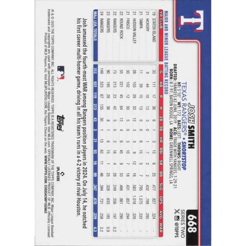 2025 Topps #668 Josh Smith NM-MT Texas Rangers Baseball Card - Baseball Card Single