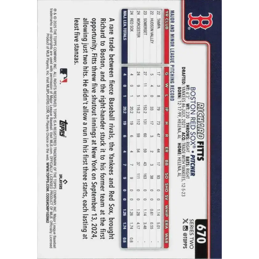 2025 Topps #670 Richard Fitts NM-MT RC Rookie Boston Red Sox Baseball Card - Baseball Card Single
