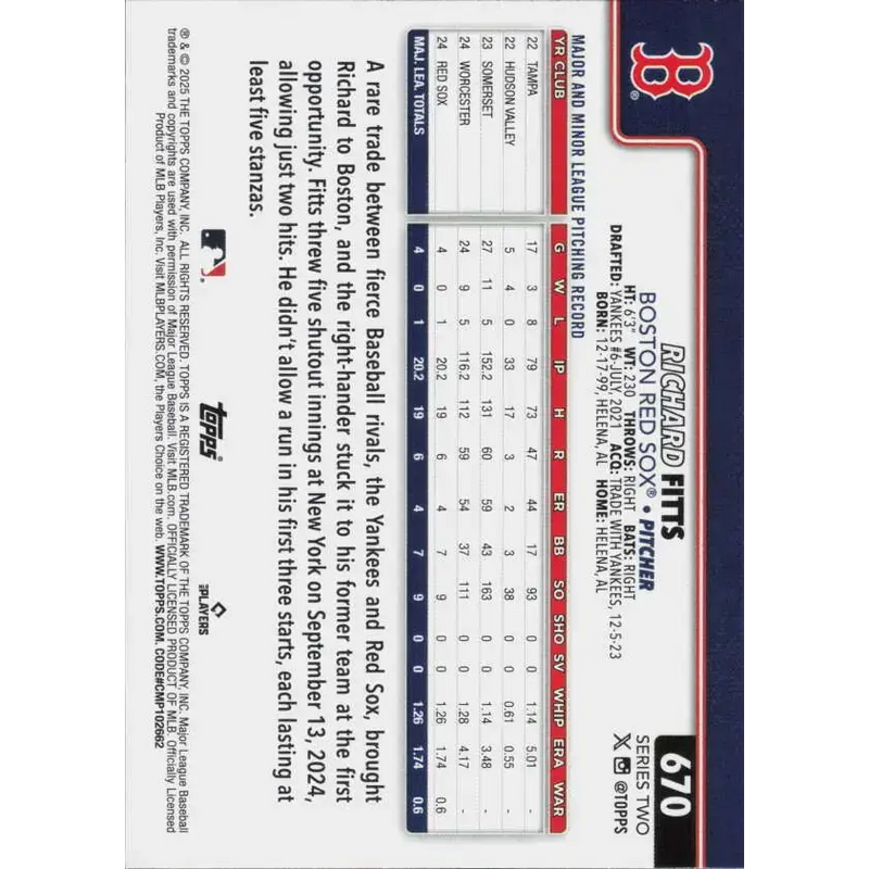 2025 Topps #670 Richard Fitts NM-MT RC Rookie Boston Red Sox Baseball Card - Baseball Card Single