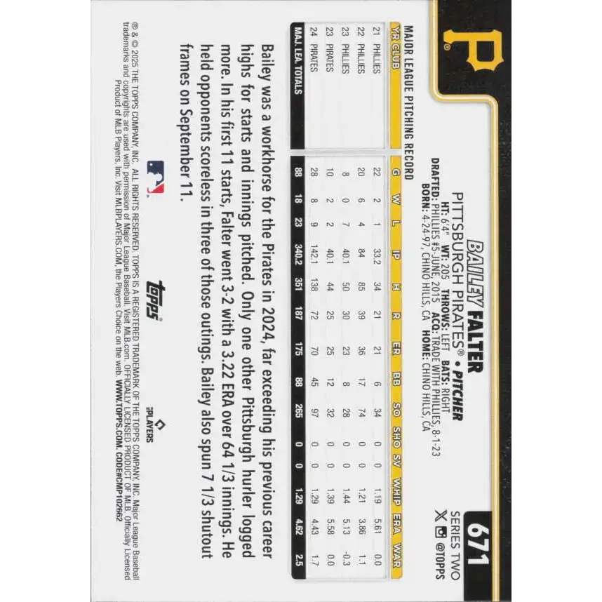 2025 Topps #671 Bailey Falter NM-MT Pittsburgh Pirates Baseball Card - Baseball Card Single