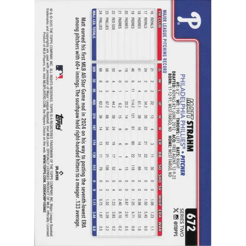 2025 Topps #672 Matt Strahm NM-MT Philadelphia Phillies Baseball Card - Baseball Card Single