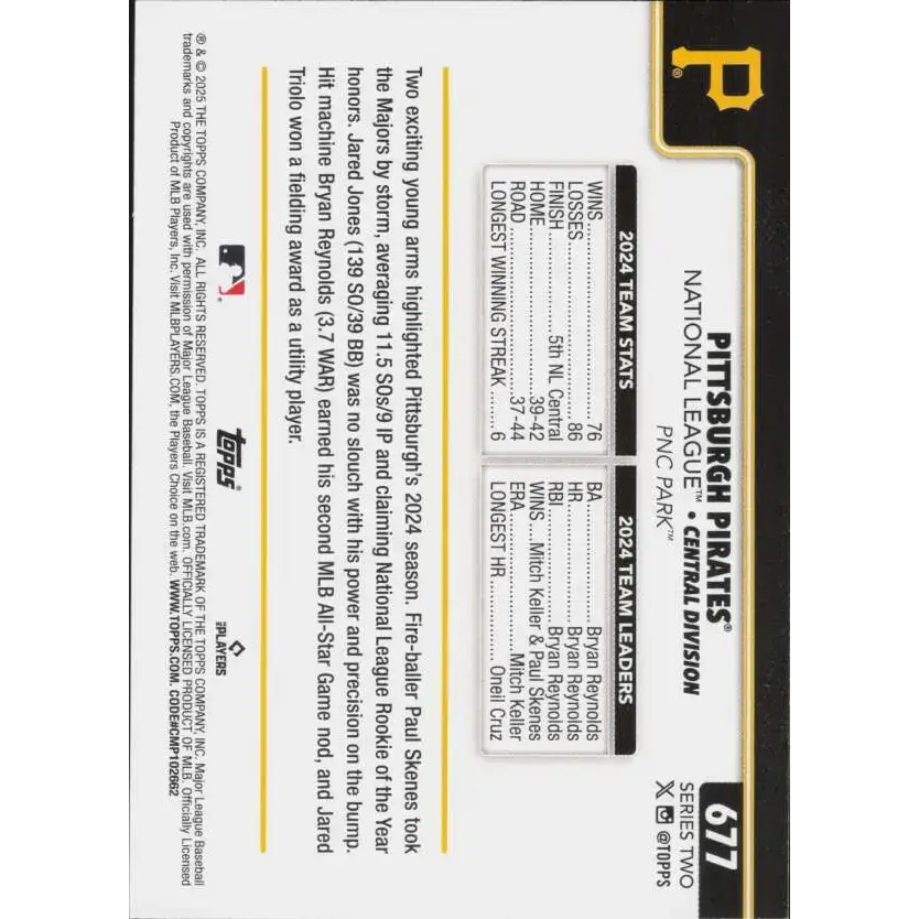 2025 Topps #677 Pittsburgh Pirates NM-MT Pittsburgh Pirates Baseball Card - Baseball Card Single