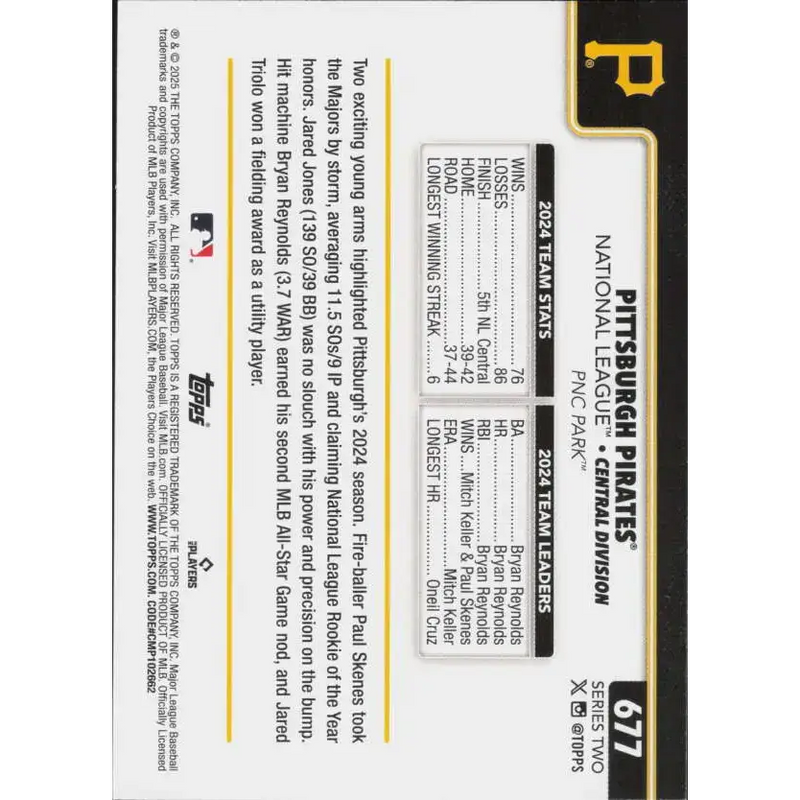 2025 Topps #677 Pittsburgh Pirates NM-MT Pittsburgh Pirates Baseball Card - Baseball Card Single