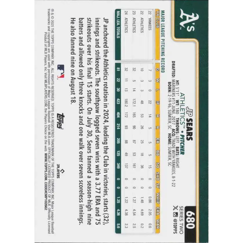 2025 Topps #680 JP Sears NM-MT Athletics Baseball Card - Baseball Card Single