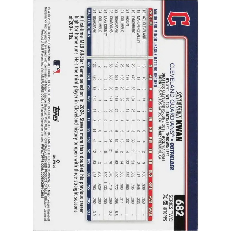 2025 Topps #682 Steven Kwan NM-MT Cleveland Guardians Baseball Card - Baseball Card Single