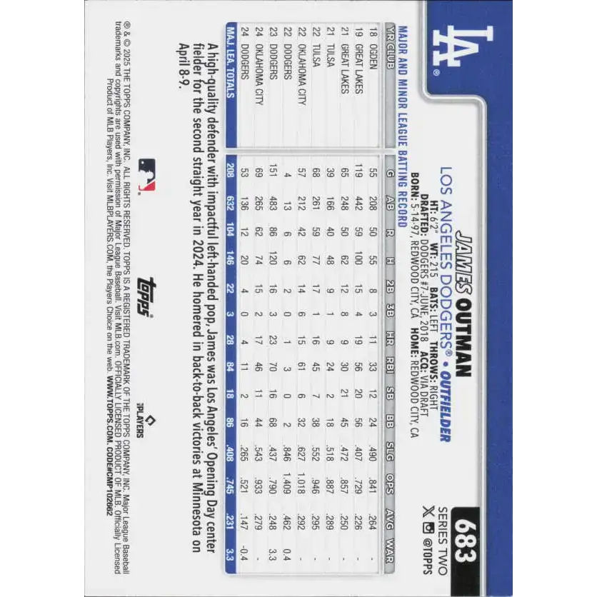 2025 Topps #683 James Outman NM-MT Los Angeles Dodgers Baseball Card - Baseball Card Single