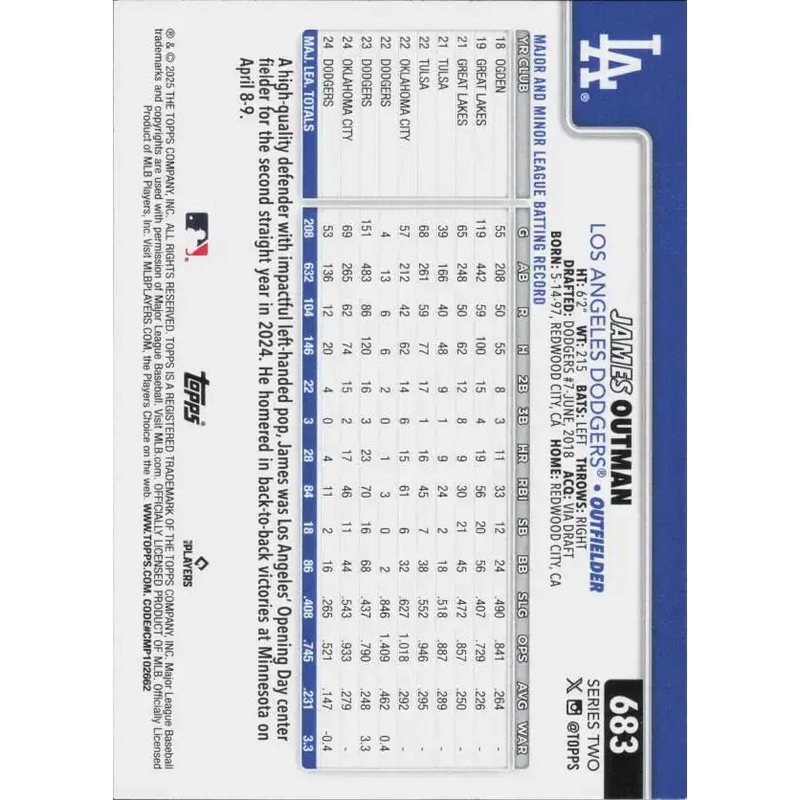 2025 Topps #683 James Outman NM-MT Los Angeles Dodgers Baseball Card - Baseball Card Single