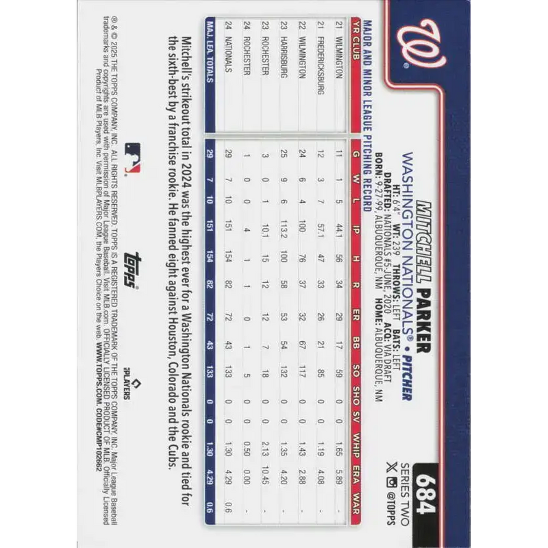 2025 Topps #684 Mitchell Parker NM-MT Washington Nationals Baseball Card - Baseball Card Single