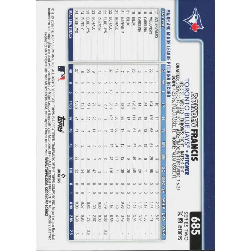 2025 Topps #685 Bowden Francis NM-MT Toronto Blue Jays Baseball Card - Baseball Card Single