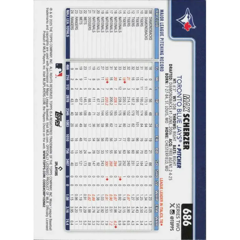 2025 Topps #686 Max Scherzer NM-MT Toronto Blue Jays Baseball Card - Baseball Card Single