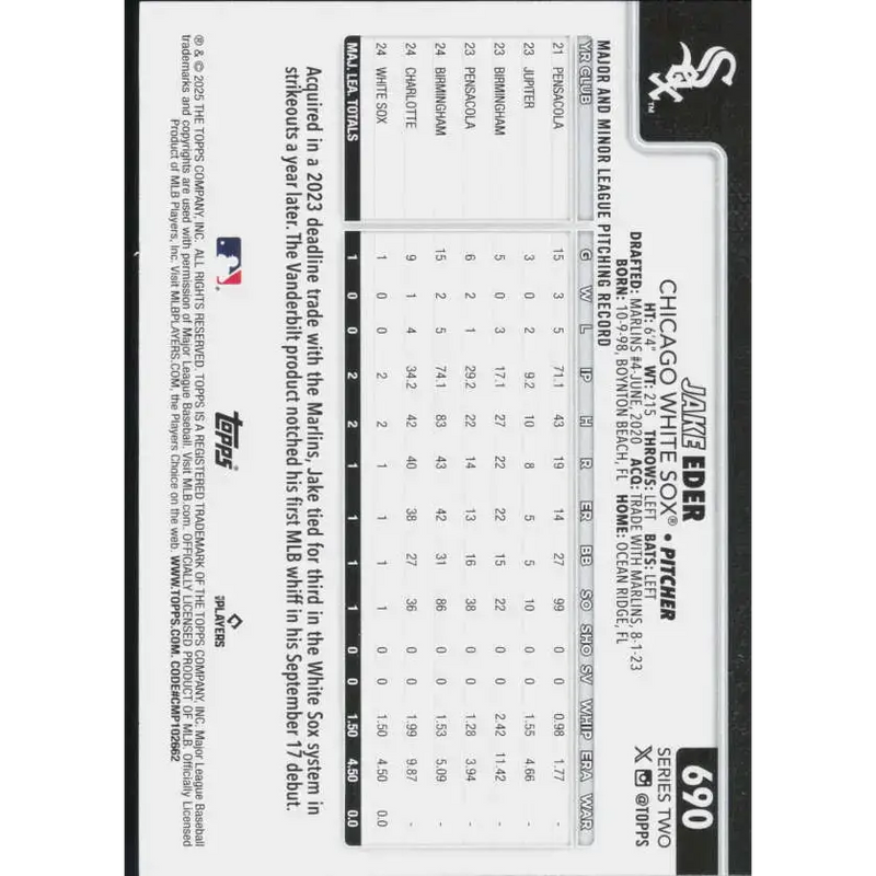 2025 Topps #690 Jake Eder NM-MT RC Rookie Chicago White Sox Baseball Card - Baseball Card Single