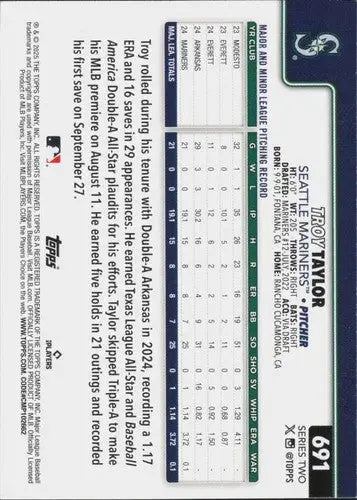 Original gloss Troy Taylor rookie Mariners baseball card from 2025 Topps #691