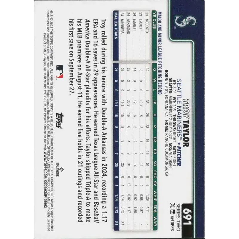 2025 Topps #691 Troy Taylor NM-MT RC Rookie Seattle Mariners Baseball Card - Baseball Card Single