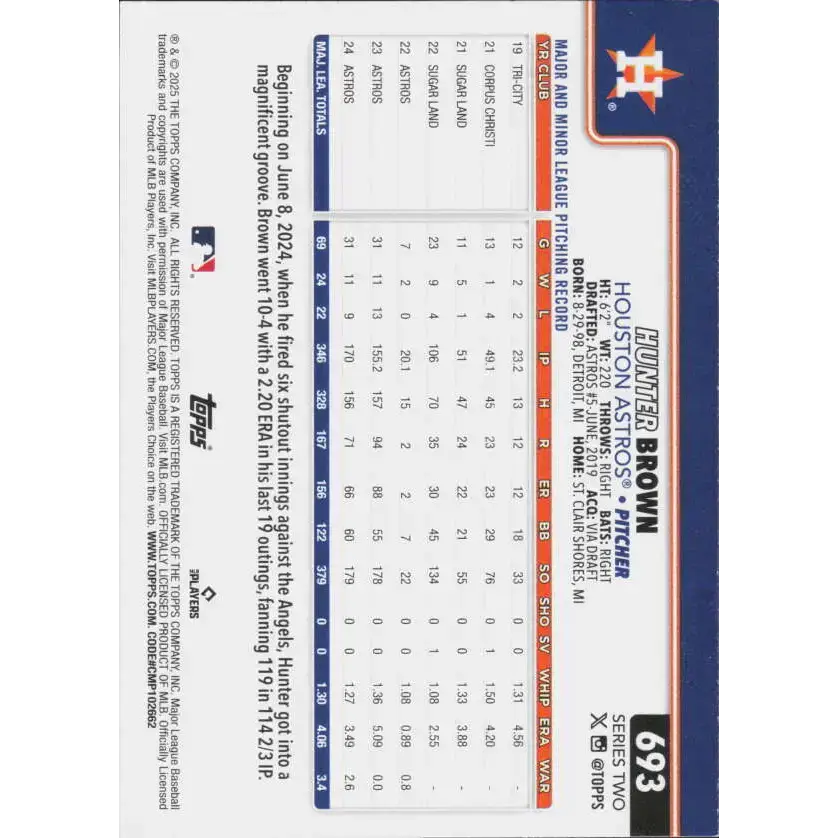2025 Topps #693 Hunter Brown NM-MT Houston Astros Baseball Card - Baseball Card Single