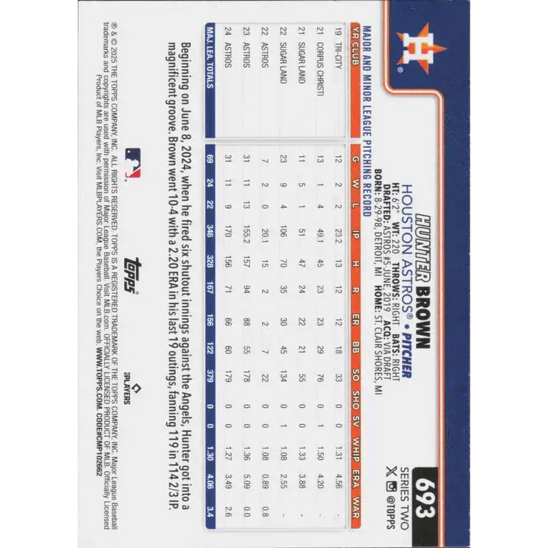 2025 Topps #693 Hunter Brown NM-MT Houston Astros Baseball Card - Baseball Card Single