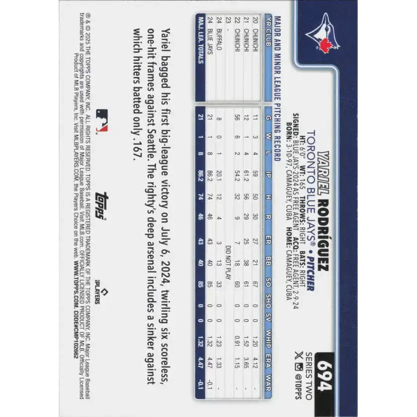 2025 Topps #694 Yariel Rodriguez NM-MT Toronto Blue Jays Baseball Card - Baseball Card Single
