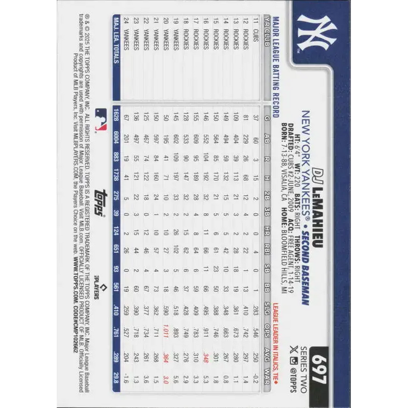 2025 Topps #697 DJ LeMahieu NM-MT New York Yankees Baseball Card - Baseball Card Single