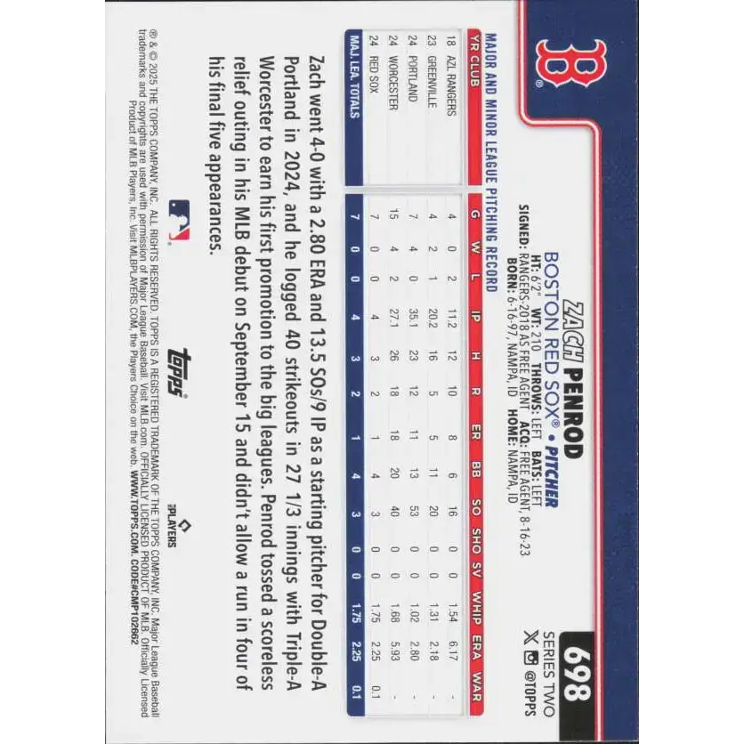 2025 Topps #698 Zach Penrod NM-MT RC Rookie Boston Red Sox Baseball Card - Baseball Card Single