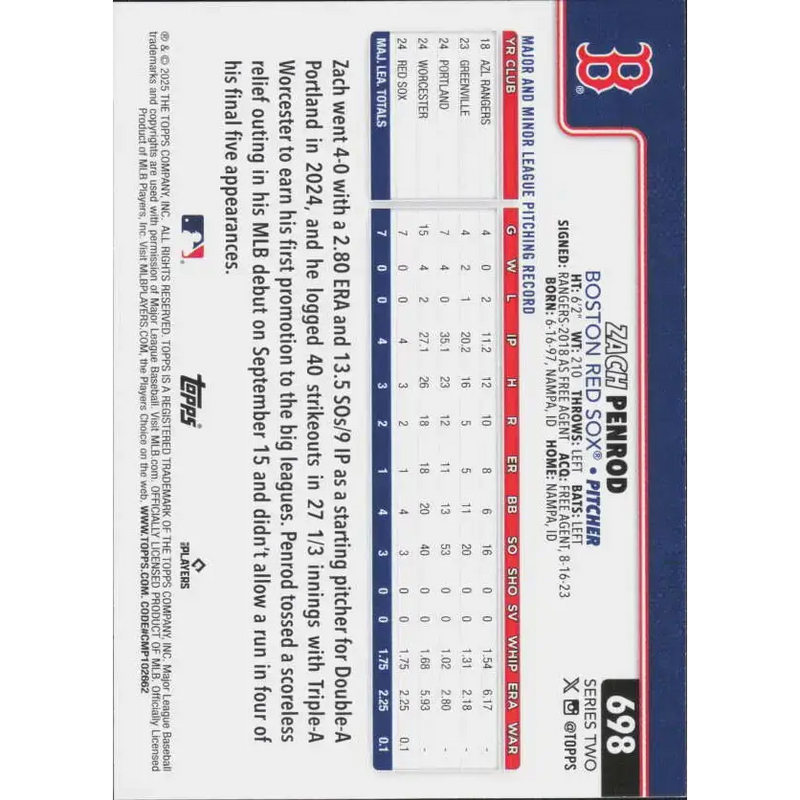 2025 Topps #698 Zach Penrod NM-MT RC Rookie Boston Red Sox Baseball Card - Baseball Card Single