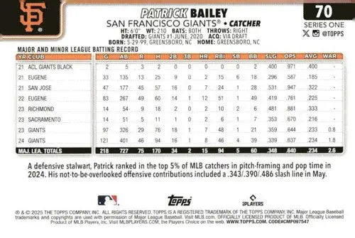 2025 Topps #70 Patrick Bailey NM-MT Giants ID:79087 - Baseball Card Single