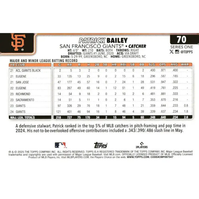 2025 Topps #70 Patrick Bailey NM-MT San Francisco Giants Baseball Card - Baseball Card Single
