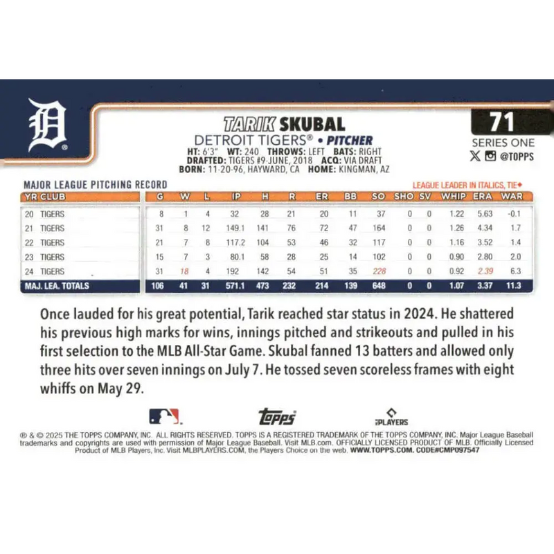 2025 Topps #71 Tarik Skubal NM-MT Detroit Tigers Baseball Card - Baseball Card Single